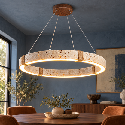 60 cm travertine ring pendant with dark wood-grain canopy installed in a contemporary interior