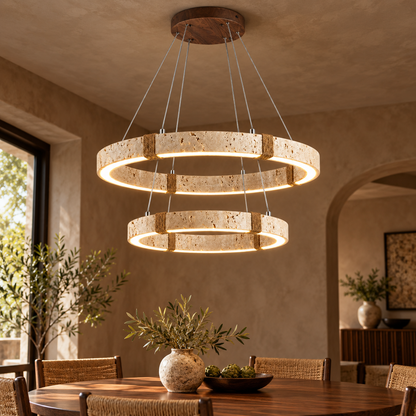 60 + 40 cm travertine double-ring pendant with dark wood-grain canopy installed in a contemporary interior