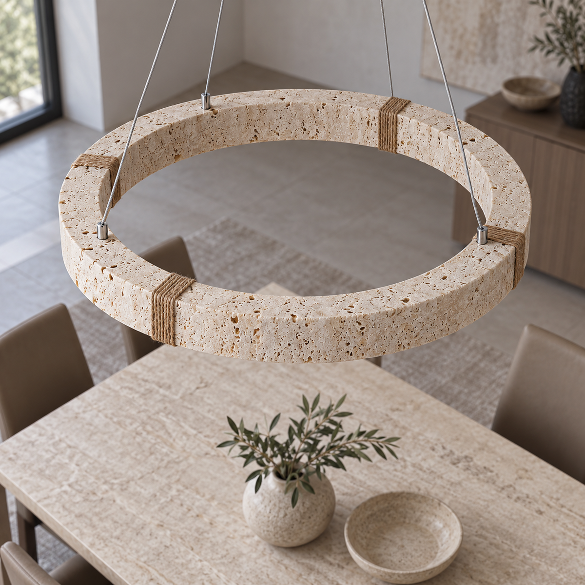 Elevated view of the 60 cm travertine ring pendant showing its upper stone face and rope wraps above a pale dining table