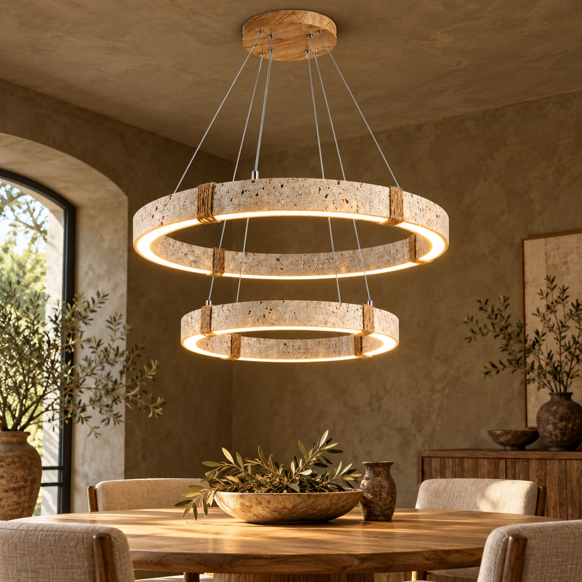60 + 40 cm travertine double-ring pendant with light wood-grain canopy installed in a contemporary interior
