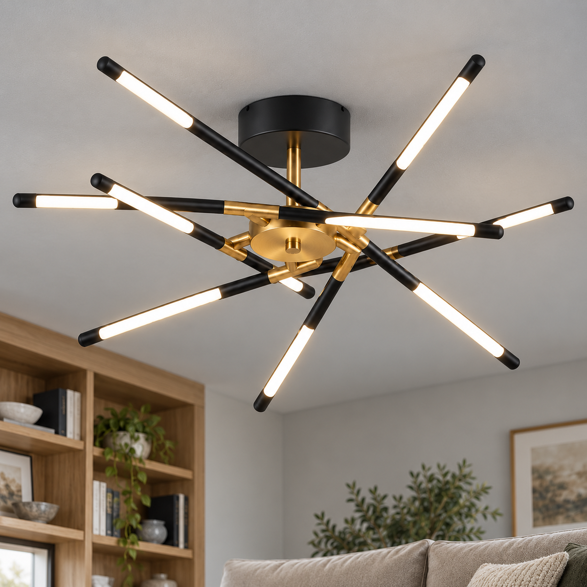 Sculptural crossed rod chandelier, black, ceiling mounting, 10 lights, installed in a contemporary interior