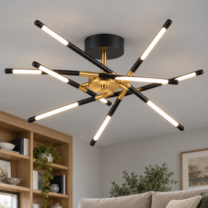 Sculptural crossed rod chandelier, black, ceiling mounting, 10 lights, installed in a contemporary interior