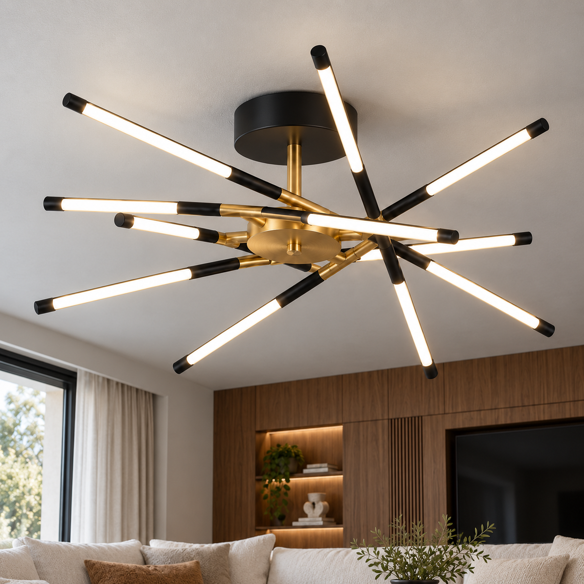 Sculptural crossed rod chandelier, black, ceiling mounting, 12 lights, installed in a contemporary interior