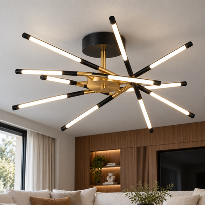 Sculptural crossed rod chandelier, black, ceiling mounting, 12 lights, installed in a contemporary interior