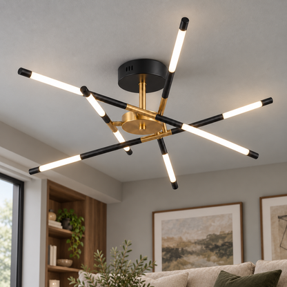 Sculptural crossed rod chandelier, black, ceiling mounting, 8 lights, installed in a contemporary interior