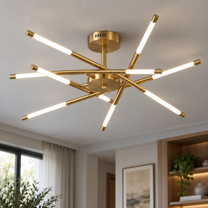 Sculptural crossed rod chandelier, gold, ceiling mounting, 10 lights, installed in a contemporary interior