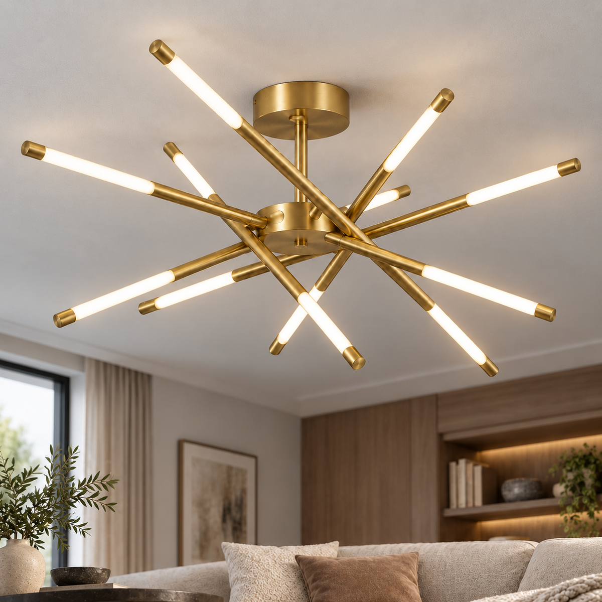 Sculptural crossed rod chandelier, gold, ceiling mounting, 12 lights, installed in a contemporary interior