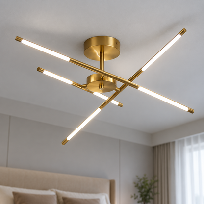Sculptural crossed rod chandelier, gold, ceiling mounting, 6 lights, installed in a contemporary interior
