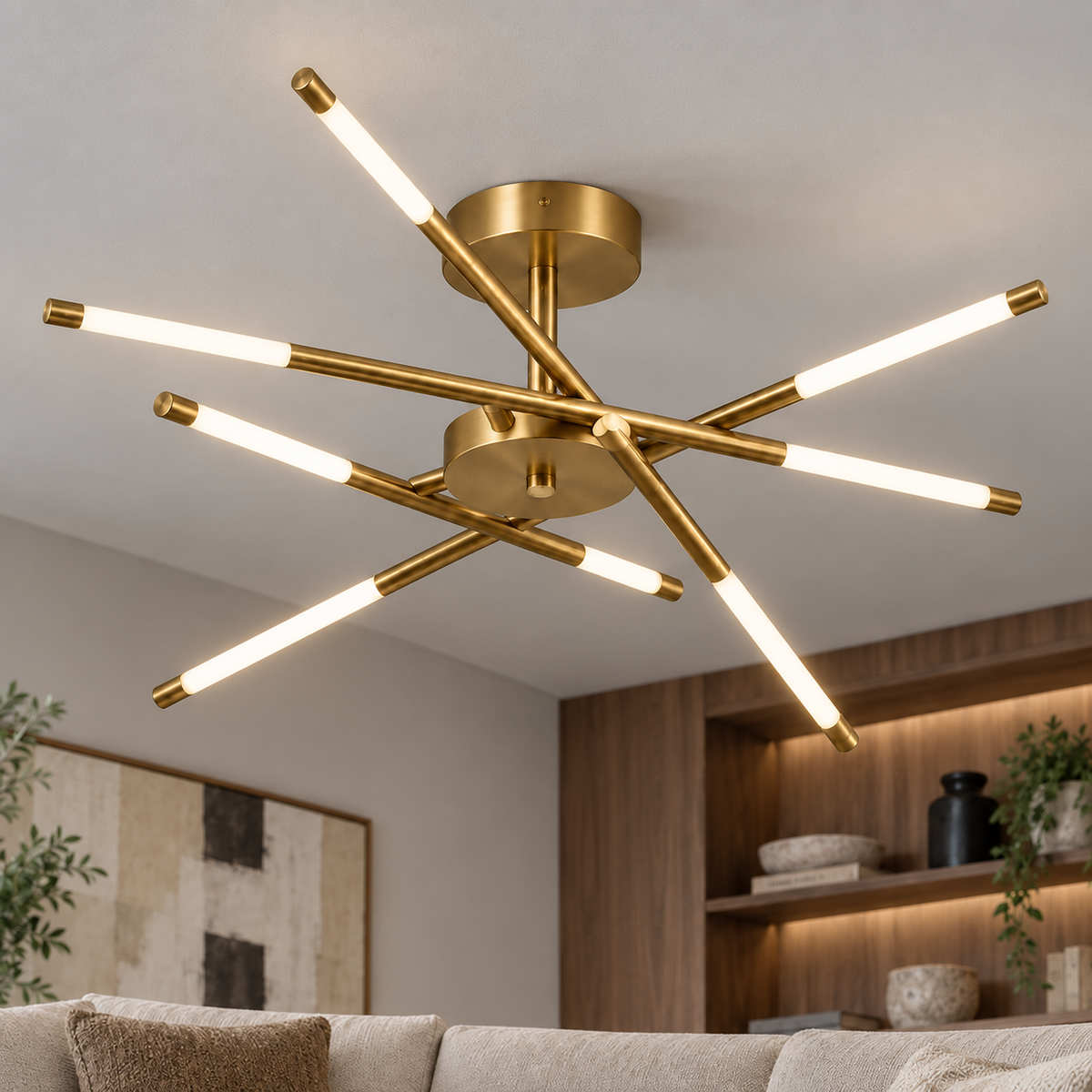 Sculptural crossed rod chandelier, gold, ceiling mounting, 8 lights, installed in a contemporary interior