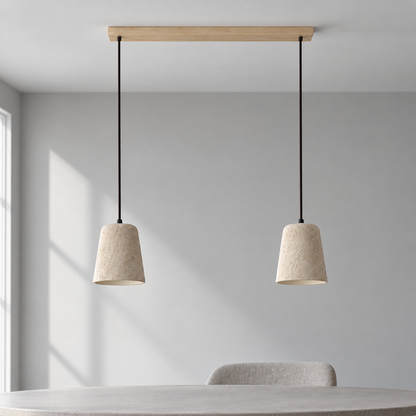 Two travertine pendant shades with Beige wood ceiling canopy in a daylight interior