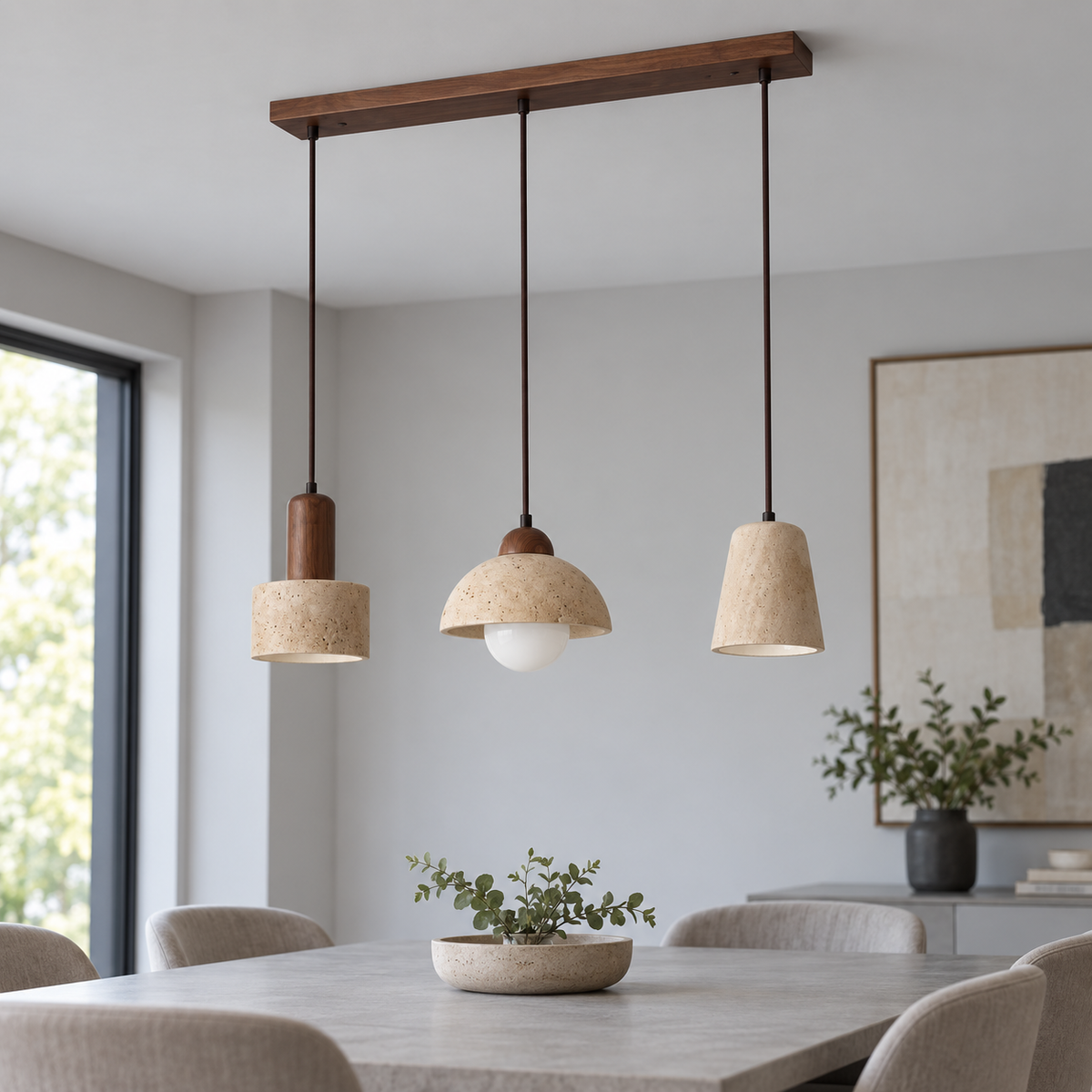 Three mixed travertine pendant shades with walnut wood ceiling bar, installed in a neutral daylight dining room