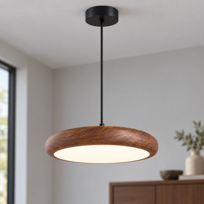 Walnut effect | 1 light · Diameter 20 cm pendant installed in a furnished interior