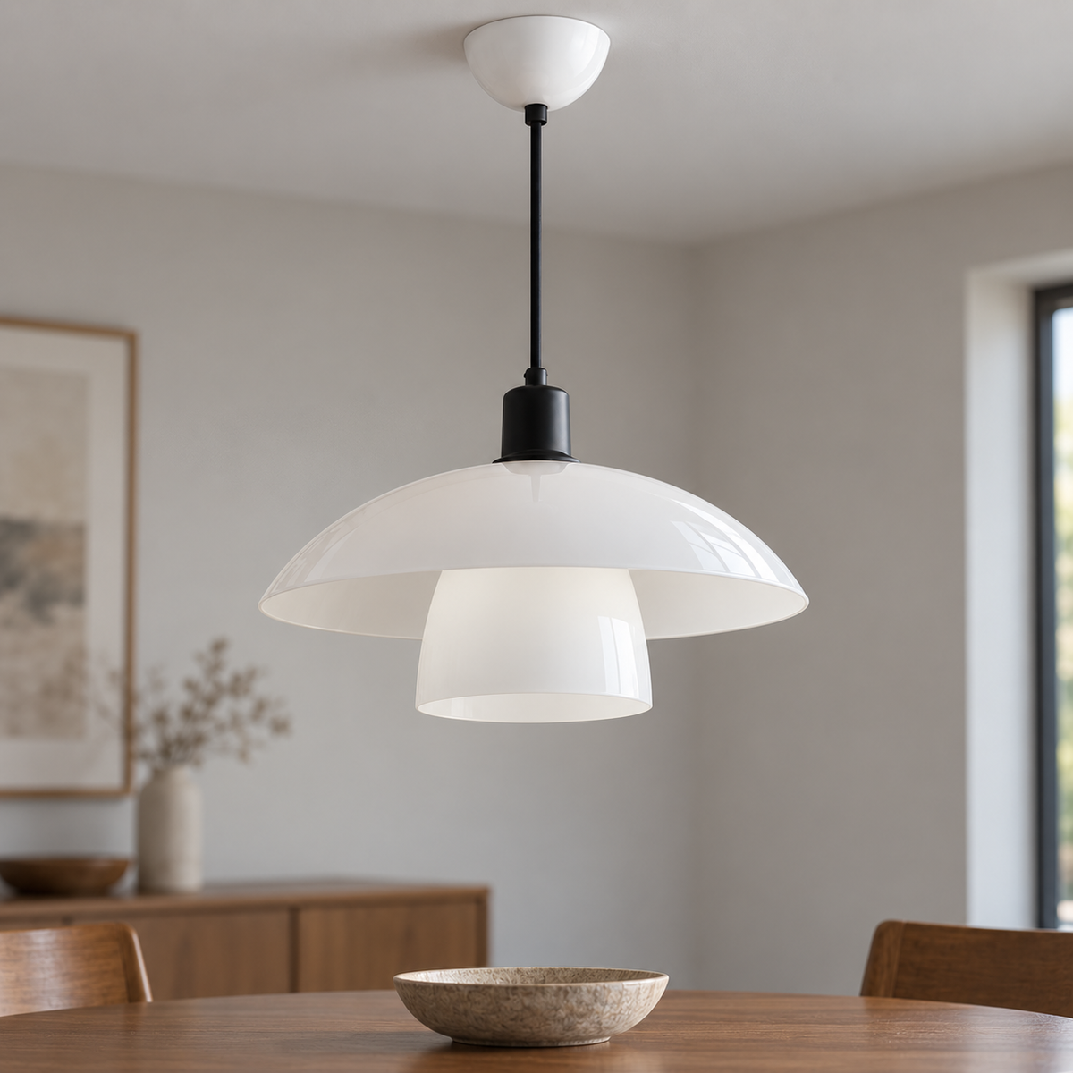 White and black | Diameter 30 cm pendant installed in a furnished interior