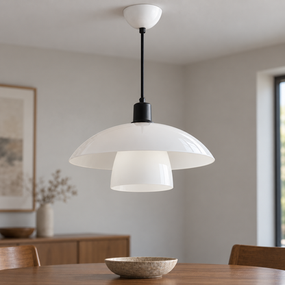 White and black | Diameter 30 cm pendant installed in a furnished interior