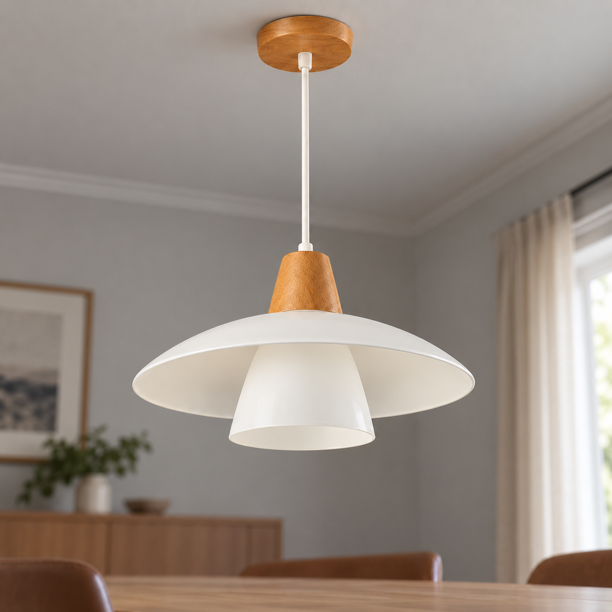 White and wood tone | Diameter 30 cm pendant installed in a furnished interior