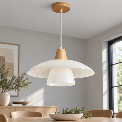 White and wood tone | Diameter 40 cm pendant installed in a furnished interior