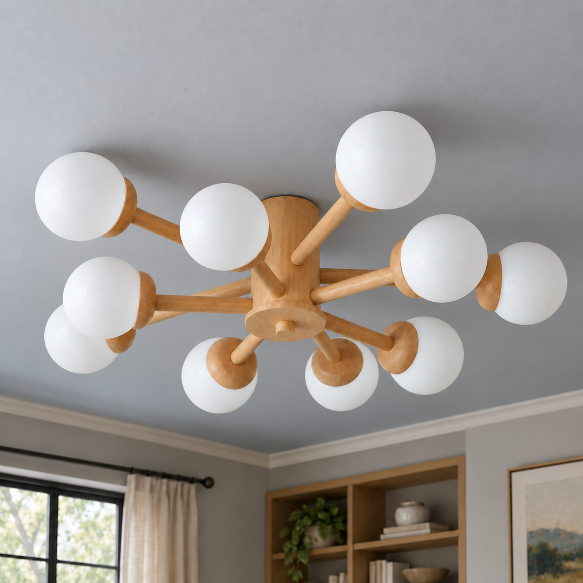 Natural wood and white | 10 lights · Diameter 86 cm pendant installed in a furnished interior