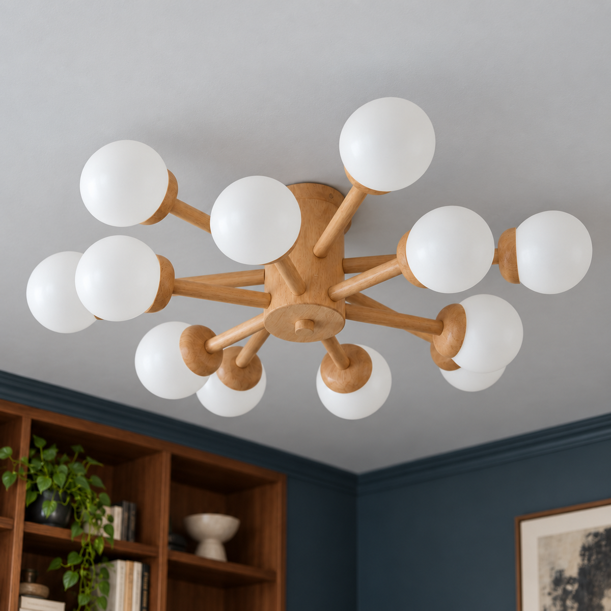 Natural wood and white | 12 lights · Diameter 86 cm pendant installed in a furnished interior