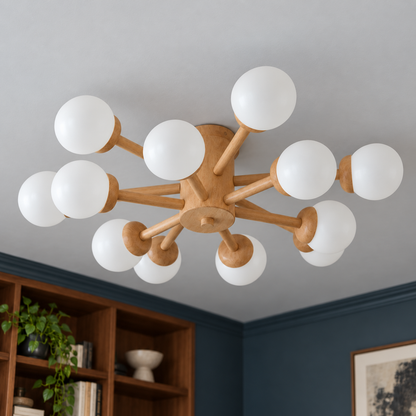 Natural wood and white | 12 lights · Diameter 86 cm pendant installed in a furnished interior