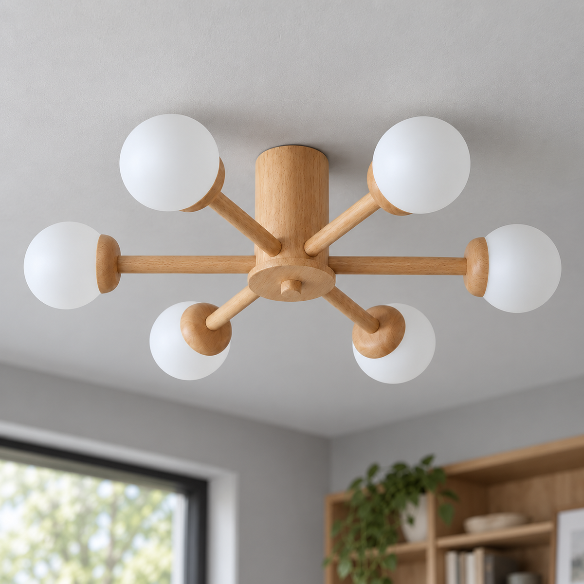 Natural wood and white | 6 lights · Style A · Diameter 76 cm pendant installed in a furnished interior
