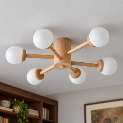 Natural wood and white | 6 lights · Style B · Diameter 76 cm pendant installed in a furnished interior