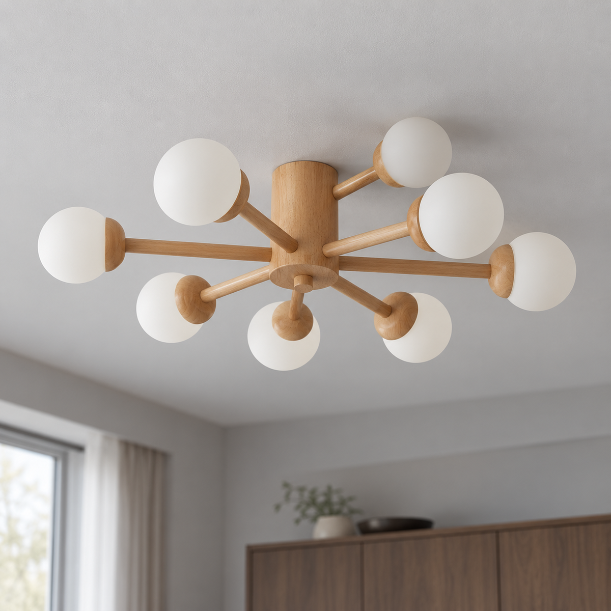 Natural wood and white | 8 lights · Style B · Diameter 86 cm pendant installed in a furnished interior