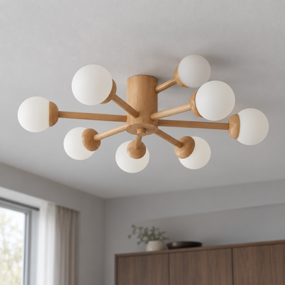 Natural wood and white | 8 lights · Style B · Diameter 86 cm pendant installed in a furnished interior
