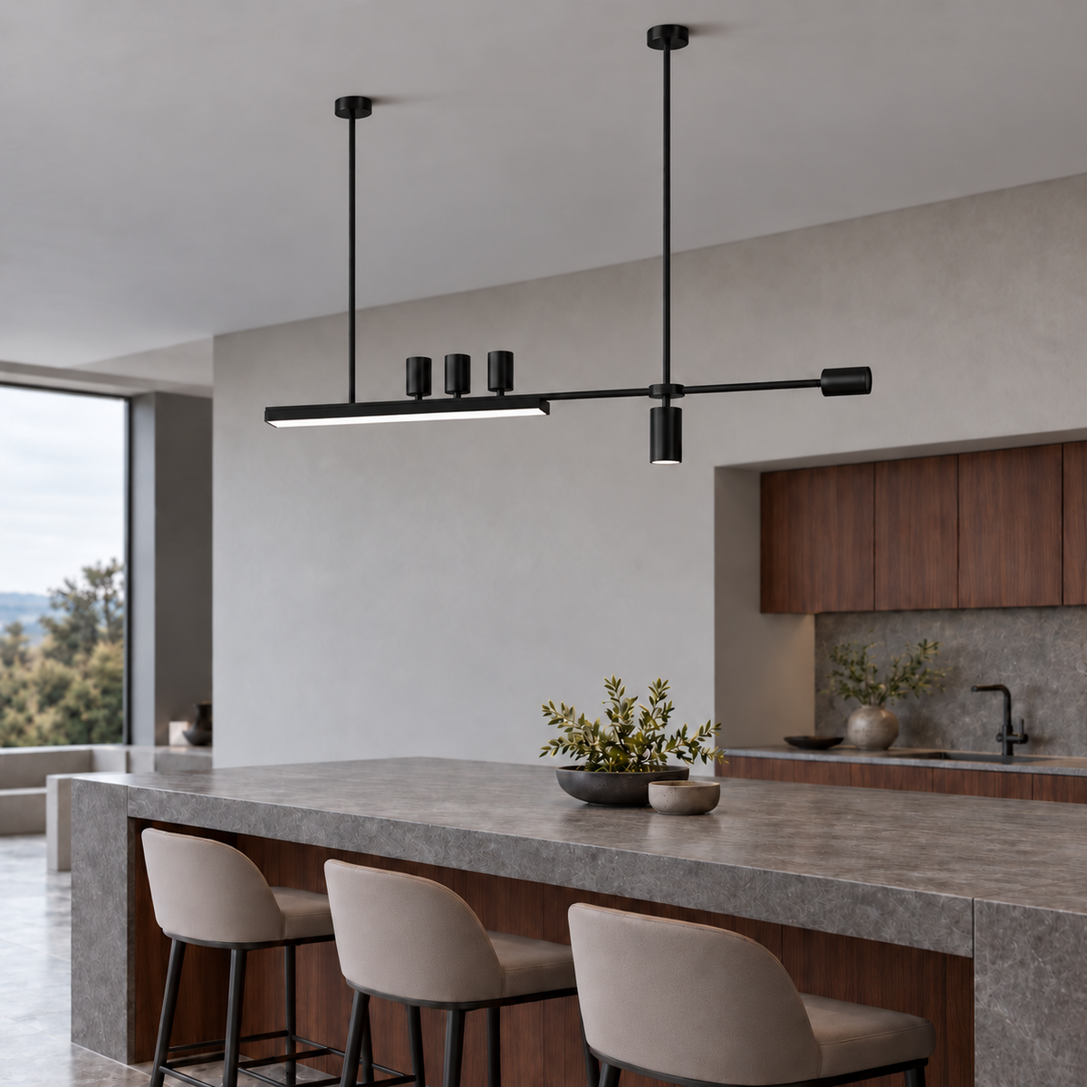 Offset island pendant with five directional spotlights, Black | Length 150 cm, installed interior view