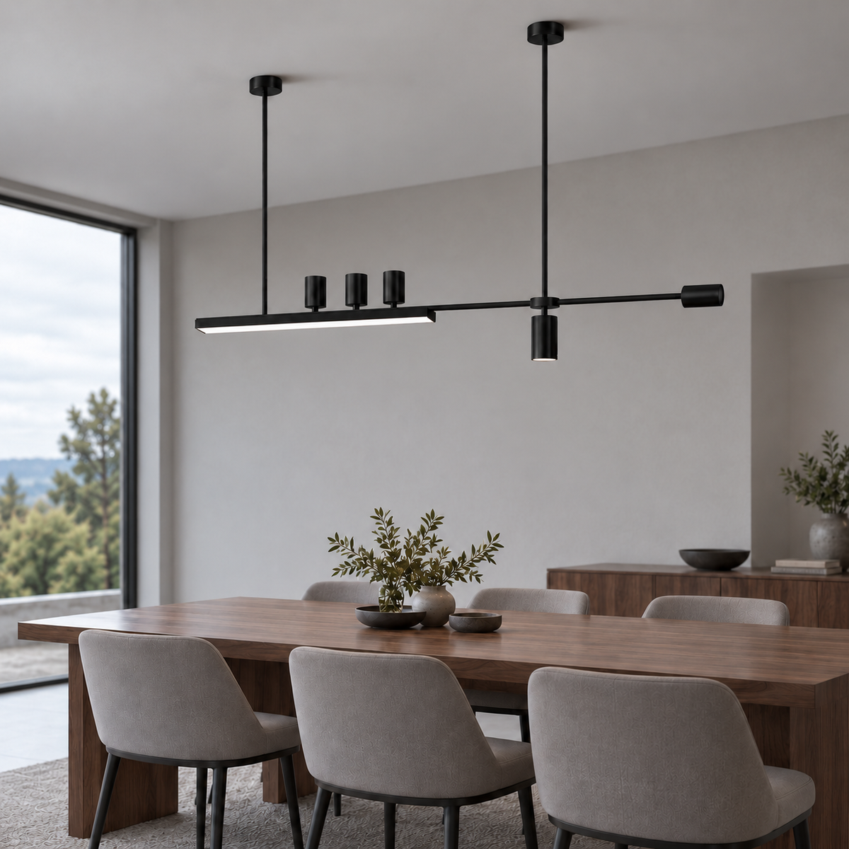 Offset island pendant with five directional spotlights, Black | Length 180 cm, installed interior view