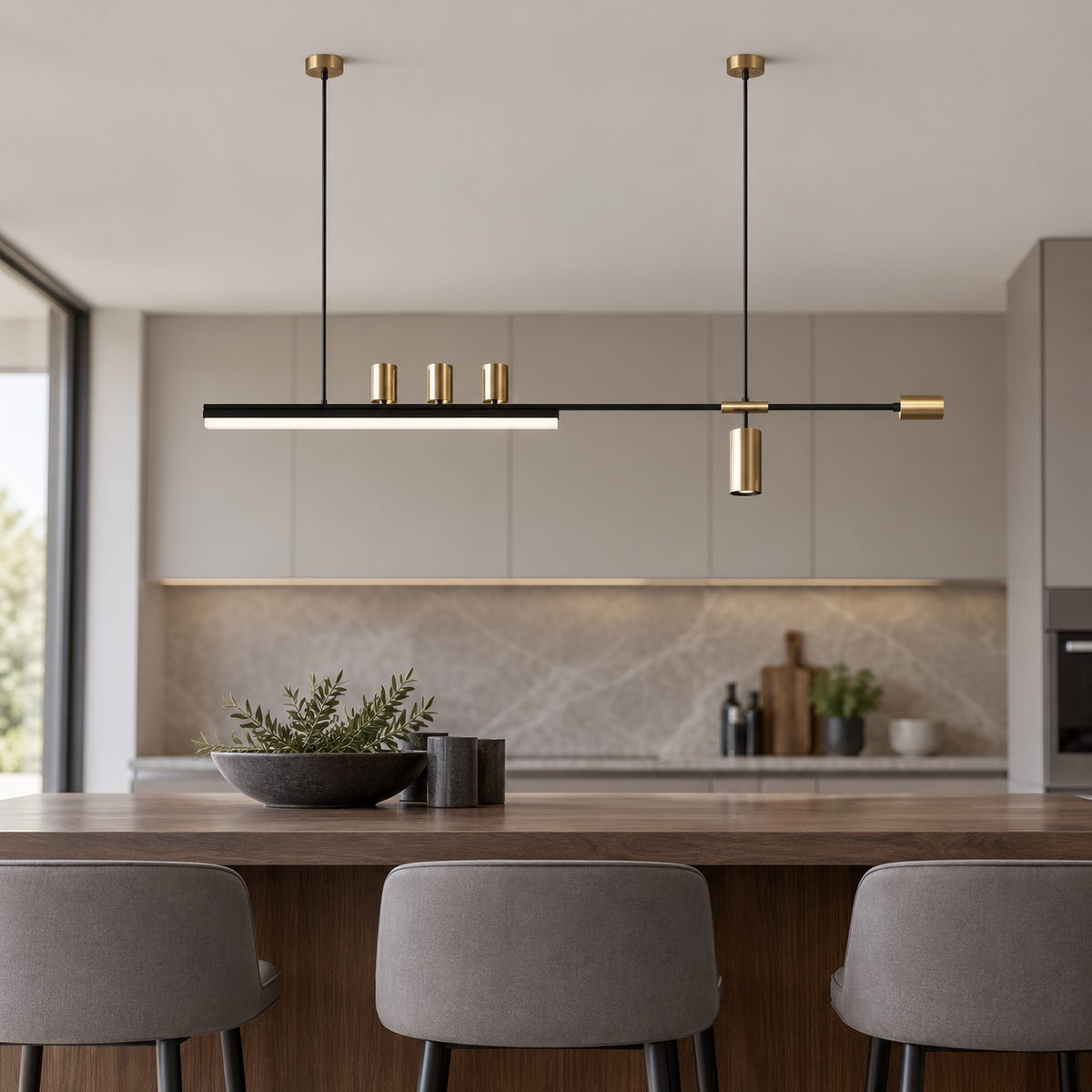 Offset island pendant with five directional spotlights, Black and gold | Length 120 cm, installed interior view