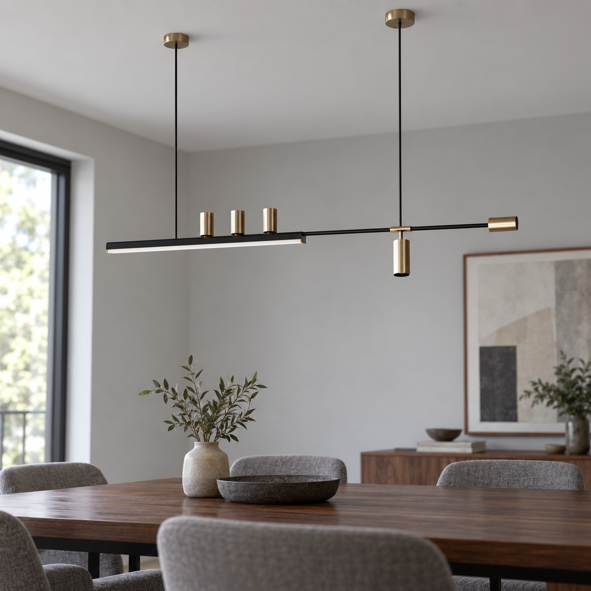 Offset island pendant with five directional spotlights, Black and gold | Length 150 cm, installed interior view