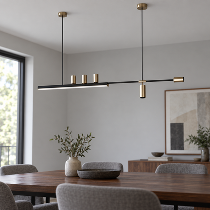 Offset island pendant with five directional spotlights, Black and gold | Length 150 cm, installed interior view