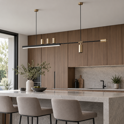 Offset island pendant with five directional spotlights, Black and gold | Length 180 cm, installed interior view