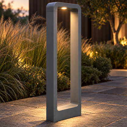 Open frame aluminium garden bollard light, Grey | Height 60 cm, installed interior view