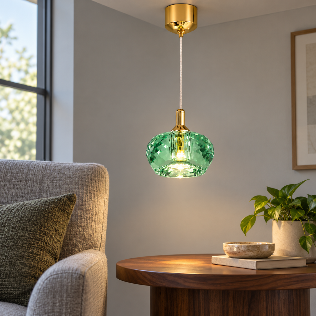 Faceted crystal pendant with gold accents, Green | Diameter 13 cm, installed interior view