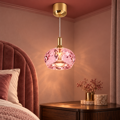 Faceted crystal pendant with gold accents, Pink | Diameter 13 cm, installed interior view