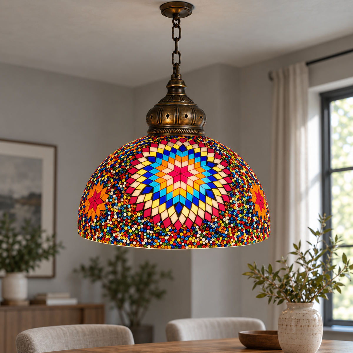 Vintage mosaic glass dome pendant with ornate metalwork, Style A | Diameter 30 cm, installed interior view