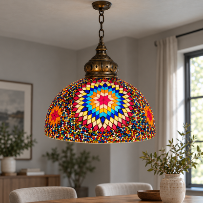 Vintage mosaic glass dome pendant with ornate metalwork, Style A | Diameter 30 cm, installed interior view