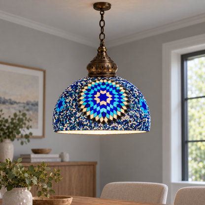 Vintage mosaic glass dome pendant with ornate metalwork, Style B | Diameter 30 cm, installed interior view