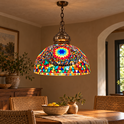 Vintage mosaic glass dome pendant with ornate metalwork, Style C | Diameter 30 cm, installed interior view