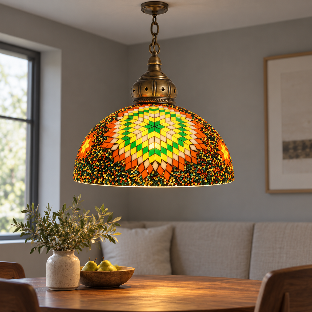 Vintage mosaic glass dome pendant with ornate metalwork, Style D | Diameter 30 cm, installed interior view