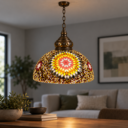 Vintage mosaic glass dome pendant with ornate metalwork, Style F | Diameter 30 cm, installed interior view