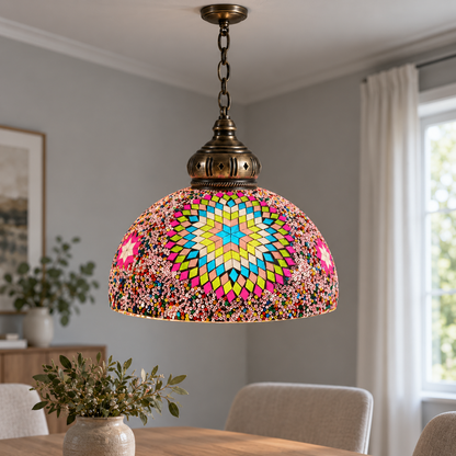 Vintage mosaic glass dome pendant with ornate metalwork, Style G | Diameter 30 cm, installed interior view