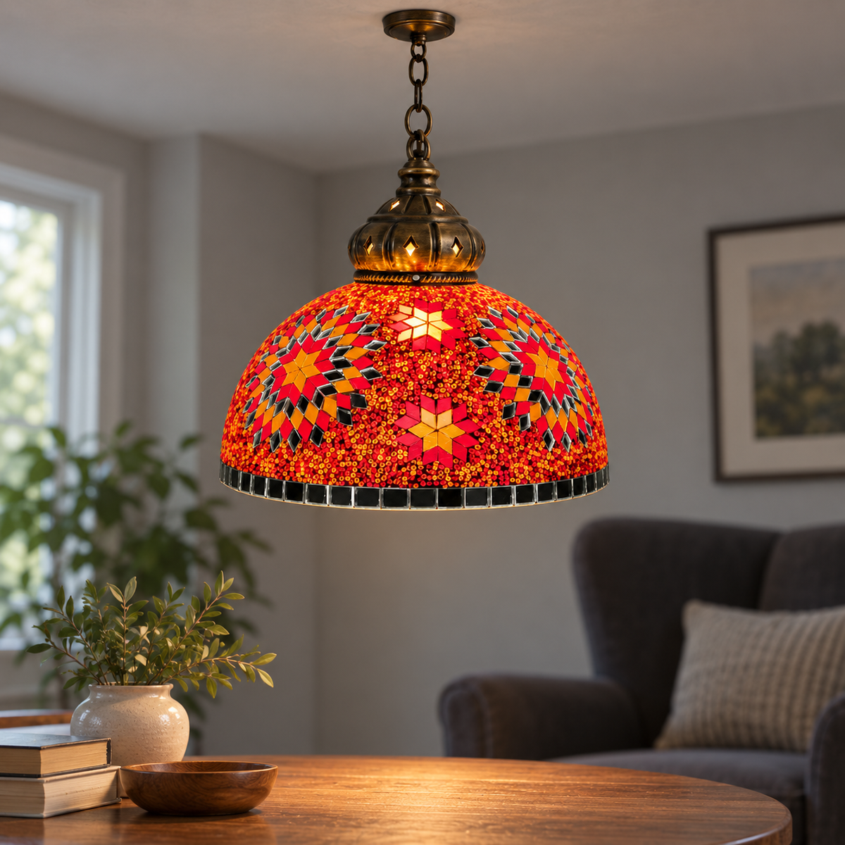 Vintage mosaic glass dome pendant with ornate metalwork, Style H | Diameter 30 cm, installed interior view