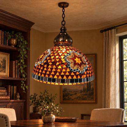Vintage mosaic glass dome pendant with ornate metalwork, Style I | Diameter 30 cm, installed interior view