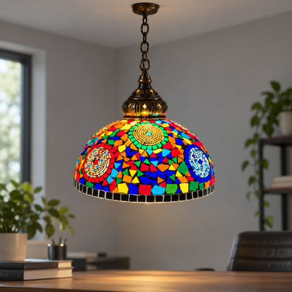 Vintage mosaic glass dome pendant with ornate metalwork, Style J | Diameter 30 cm, installed interior view