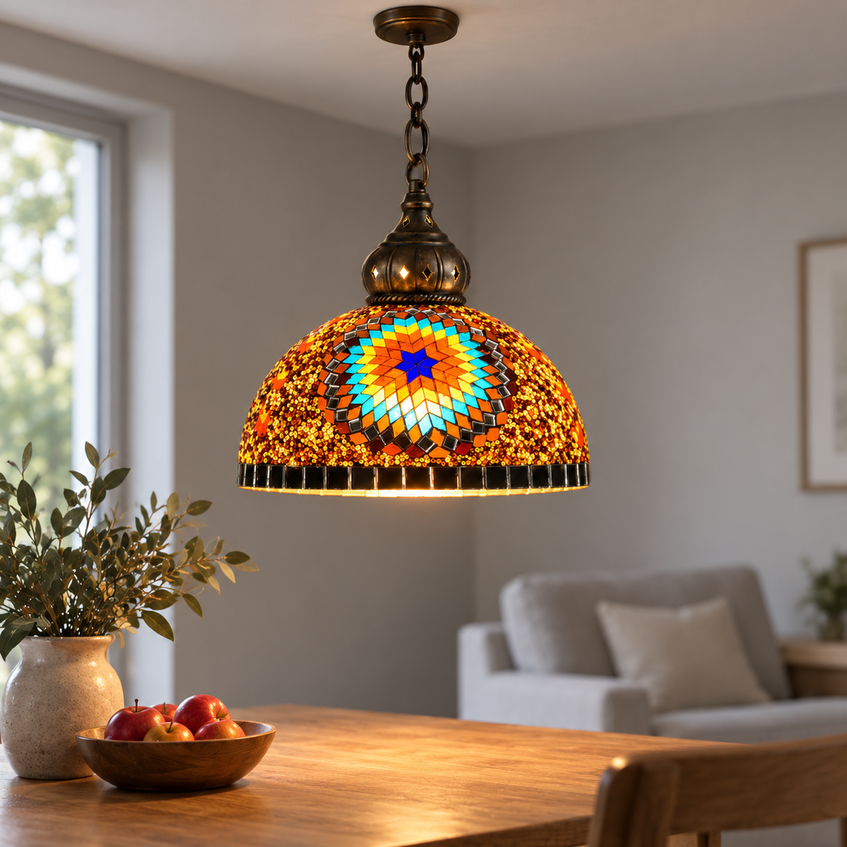 Vintage mosaic glass dome pendant with ornate metalwork, Style K | Diameter 30 cm, installed interior view