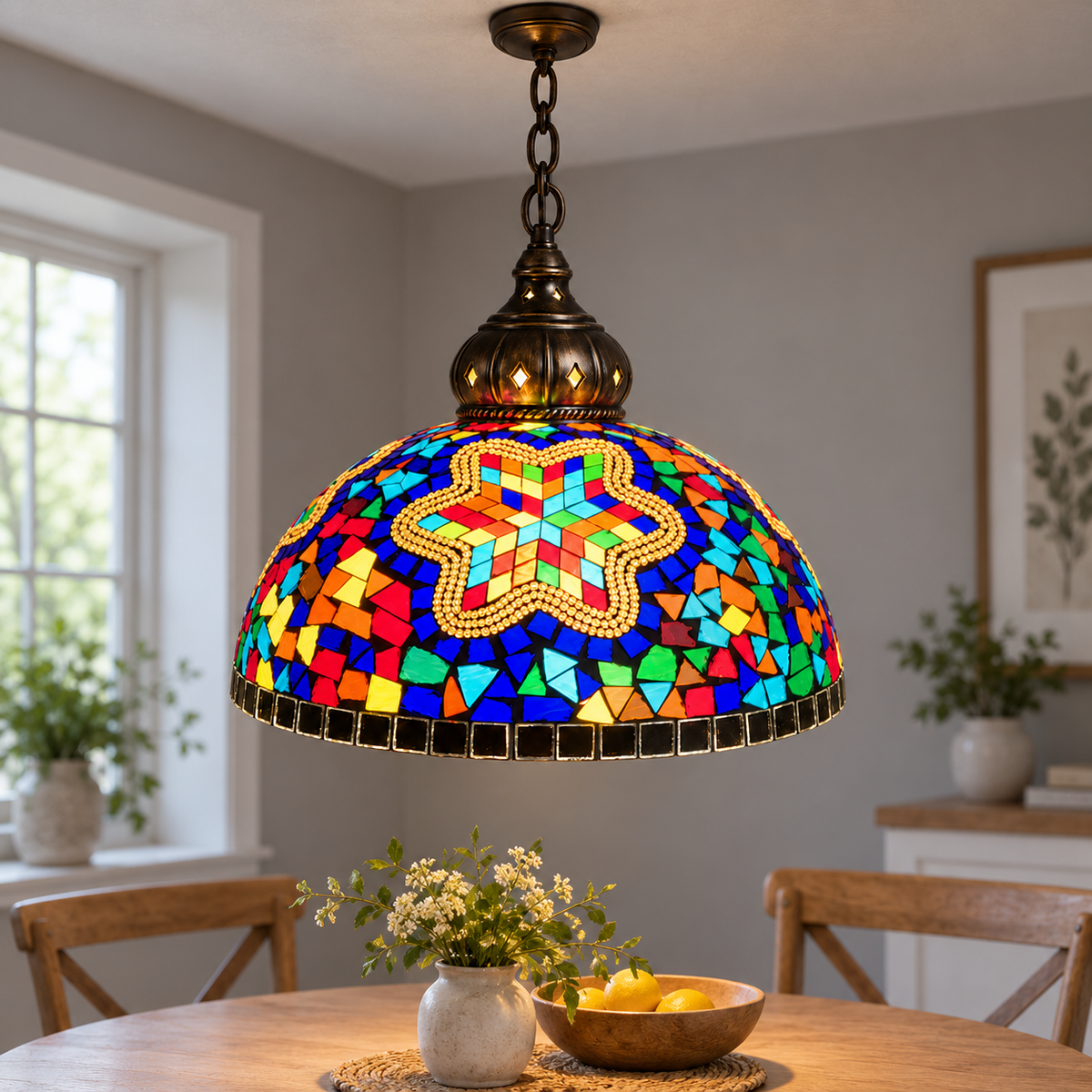 Vintage mosaic glass dome pendant with ornate metalwork, Style L | Diameter 30 cm, installed interior view