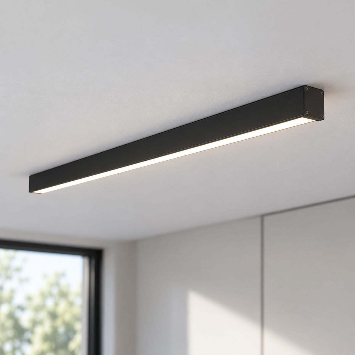 Black 60 cm aluminium ceiling bar installed flush against a pale ceiling, seen from the side and end