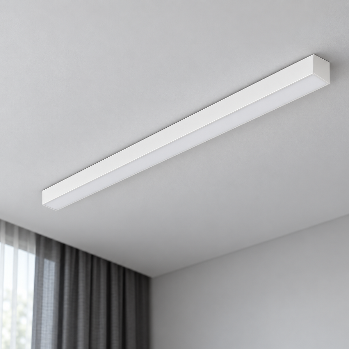 White 60 cm aluminium ceiling bar with unlit acrylic diffuser against a light gray ceiling